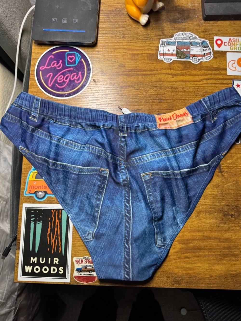 Men's Navy Denim-Print Swim Briefs with Elastic Waist - Picture 3 of 3